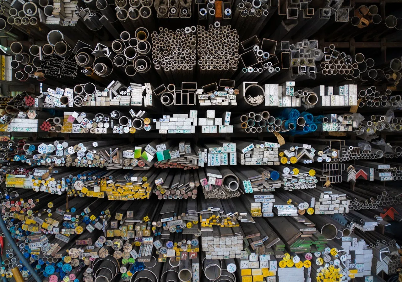 Stainless steel bars and sections in a stockist rack